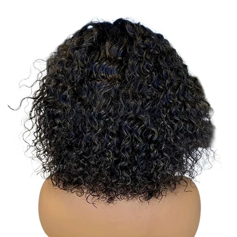 RitzWigs short jerry curly human hair bob wig with dark brown and highlight tones on a mannequin head