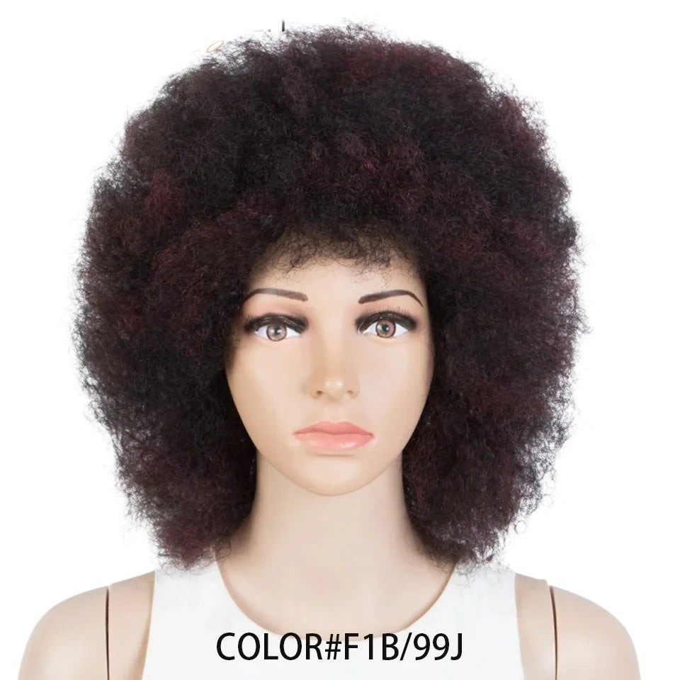 RitzWigs short kinky curly afro human hair wig with bangs in black and burgundy colour on a mannequin head