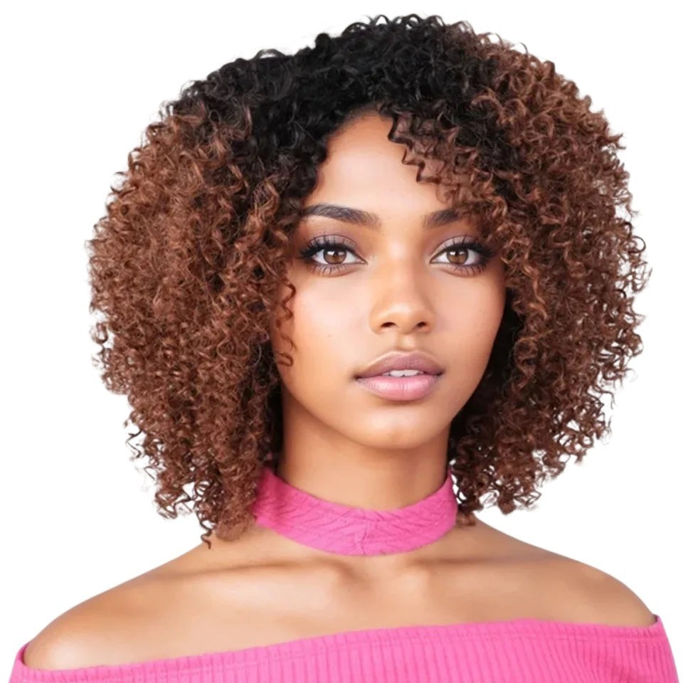 RitzWigs short kinky curly bob wig with bangs in highlighted brown and black Brazilian Remy human hair on a model