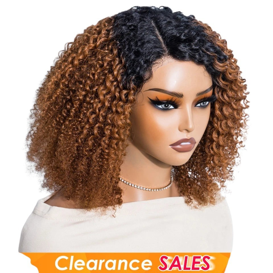 RitzWigs short kinky curly bob wig with dark roots and brown human hair on a mannequin head