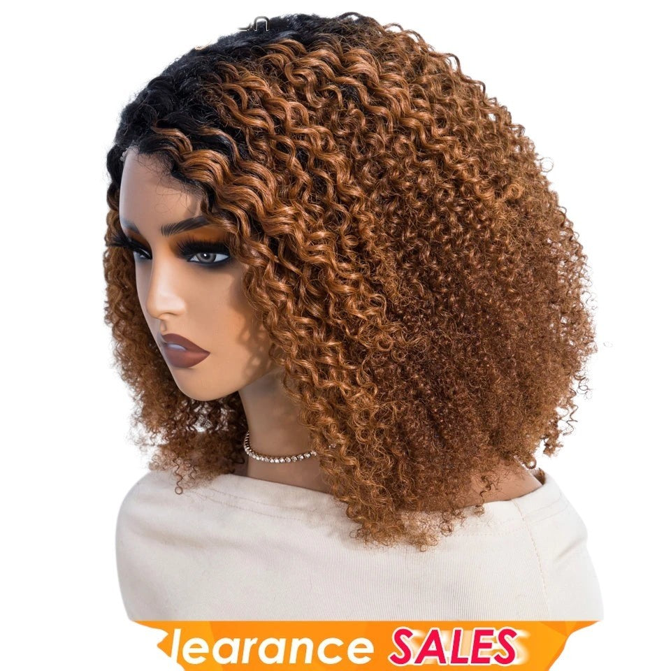RitzWigs short kinky curly bob wig in a brown and black ombre colour on a mannequin head