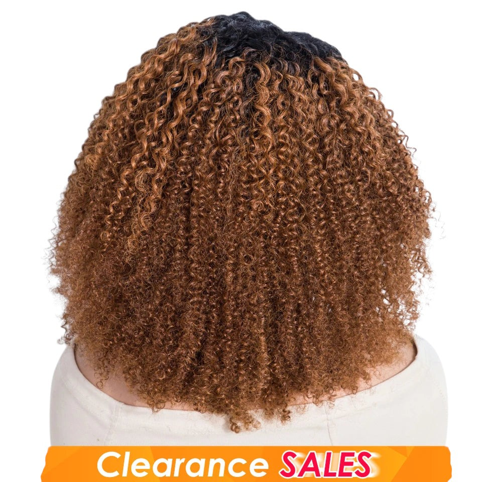 RitzWigs short kinky curly human hair bob wig with dark roots and brown curls on a mannequin head