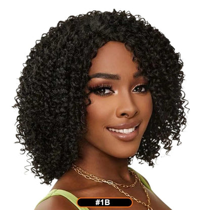 RitzWigs short kinky curly bob wig in 1B black, made from Brazilian Remy human hair with a natural look.