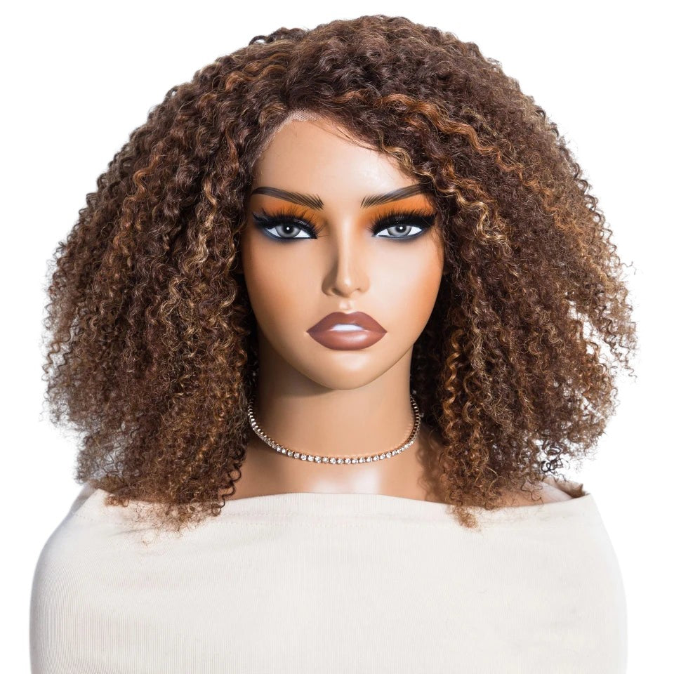 RitzWigs short kinky curly human hair bob wig with a side part and natural brown highlights on a mannequin head