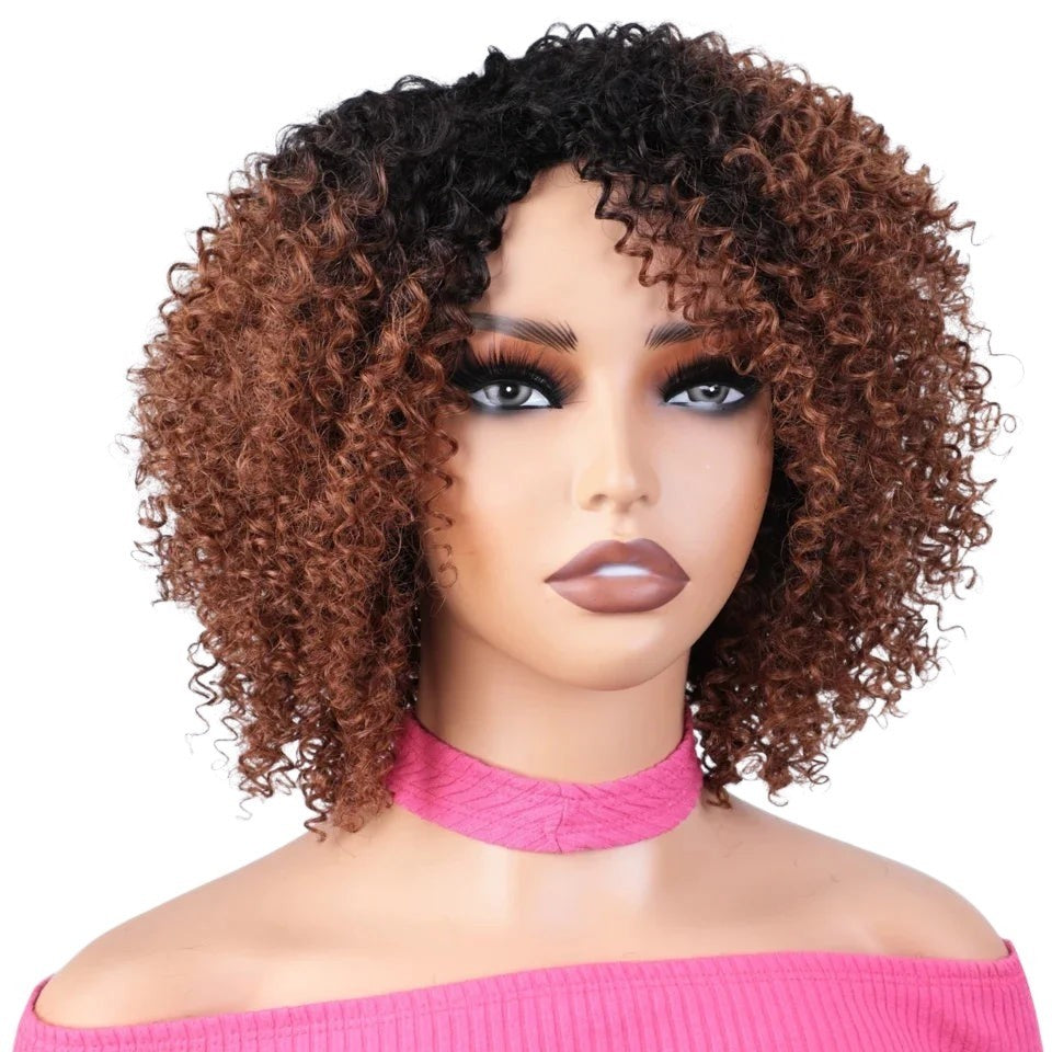 RitzWigs short kinky curly bob wig with brown highlights on a mannequin wearing a pink off-shoulder top