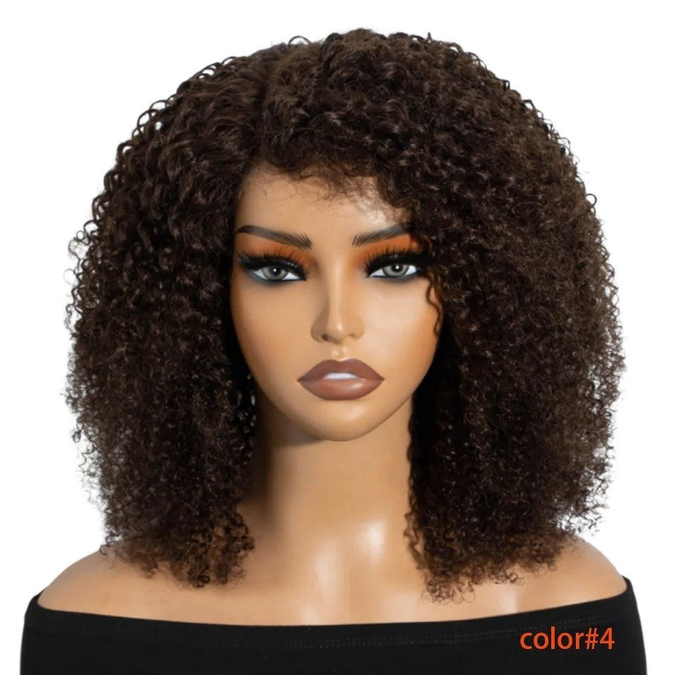 RitzWigs short kinky curly bob wig in dark brown human hair with a side part on a mannequin head