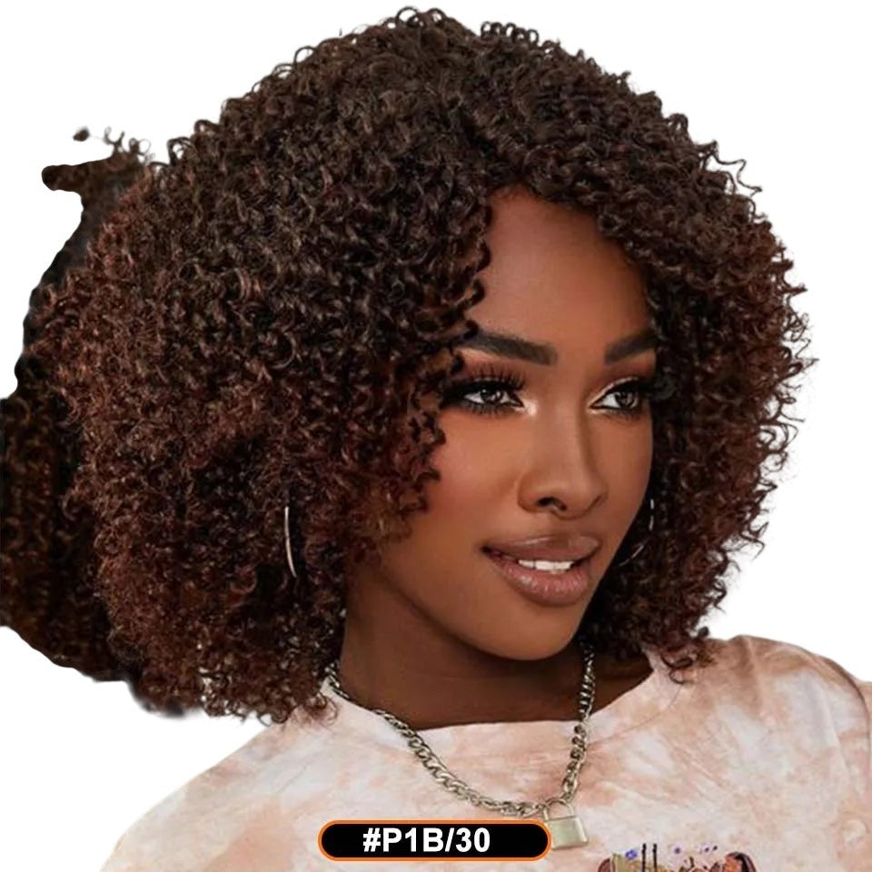 RitzWigs short kinky curly bob wig in dark brown with highlights, made of Brazilian Remy human hair with bangs.
