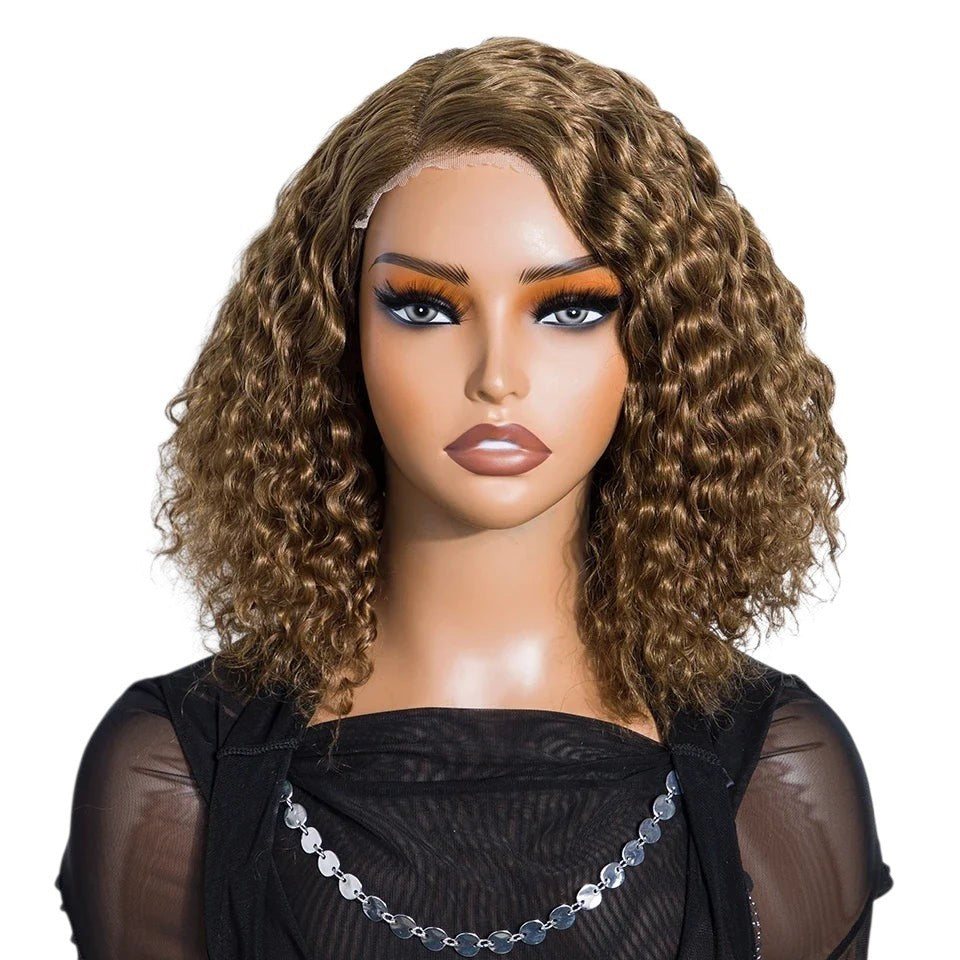 RitzWigs short kinky curly bob wig in a dull cyan shade on a mannequin head with a side part and transparent lace