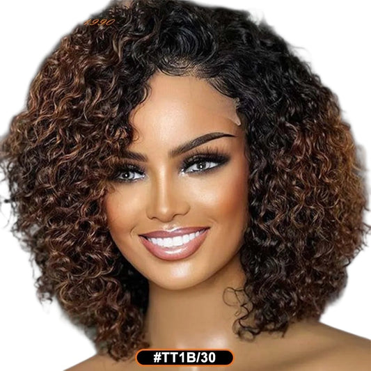 RitzWigs short kinky curly bob wig with highlights in TT1B/30 colour, made from Brazilian Remy human hair.