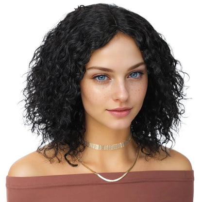 RitzWigs short kinky curly bob wig with a middle part on a model with blue eyes and freckles