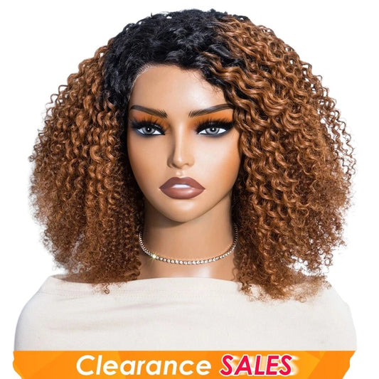 RitzWigs short kinky curly bob wig in a two-tone brown and black human hair style on a mannequin head