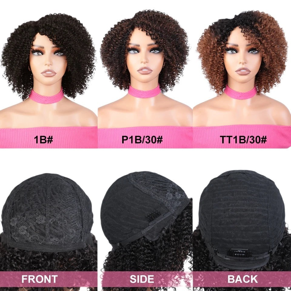 RitzWigs short kinky curly bob wigs with bangs in various highlight colours on mannequin heads with cap construction.