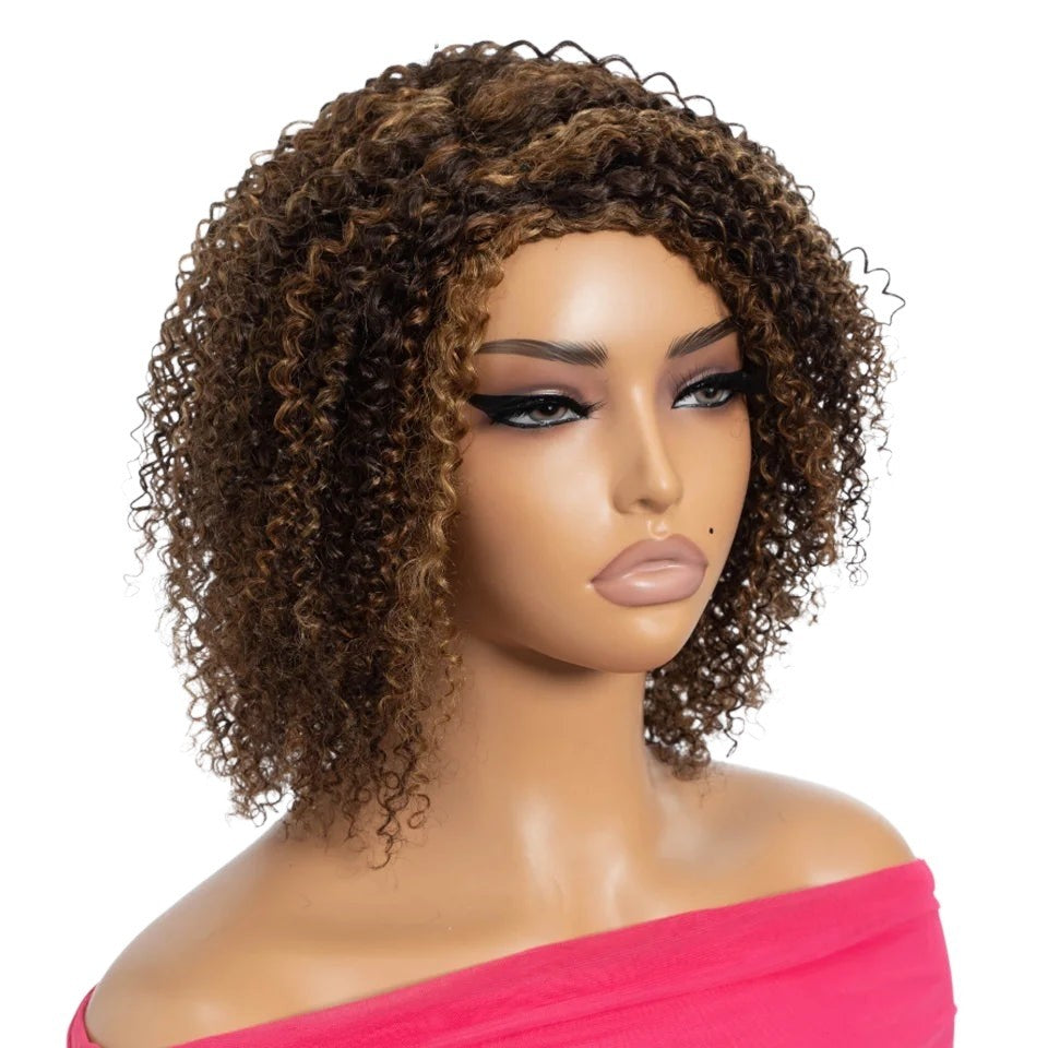 RitzWigs short kinky curly bob wig with highlights on a mannequin head, featuring Brazilian Remy human hair.