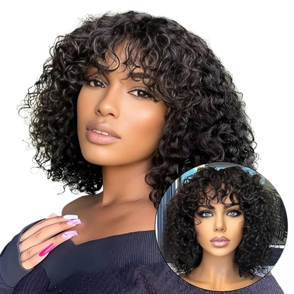 RitzWigs short kinky curly human hair wig with bangs worn by a model, featuring natural black Brazilian Remy hair.