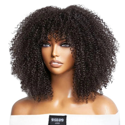 RitzWigs short kinky curly human hair wig with bangs on a mannequin, featuring high-density black Brazilian remy hair.