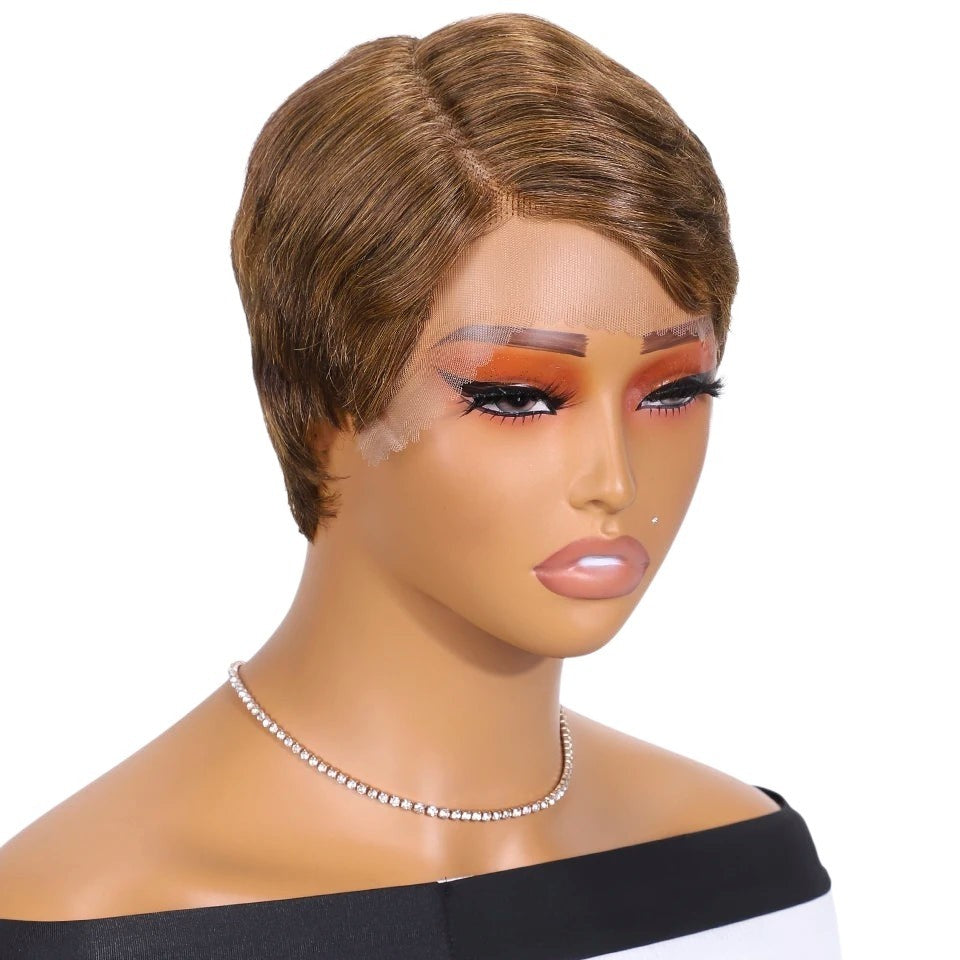 RitzWigs short ombre brown pixie cut lace front human hair wig with a natural straight texture and side part