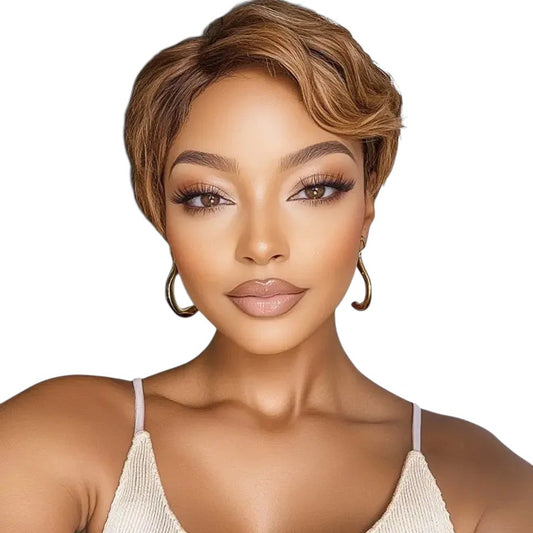 RitzWigs short ombre brown pixie cut human hair wig with side part worn by a model with natural makeup.
