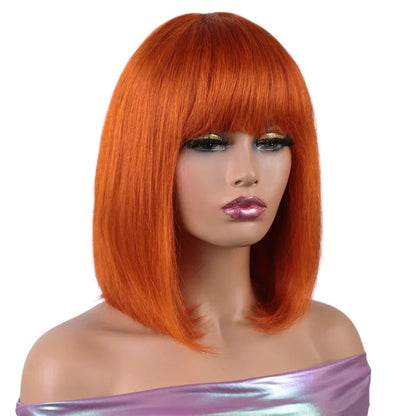 RitzWigs short straight orange bob wig with bangs made from Brazilian human hair on a mannequin head