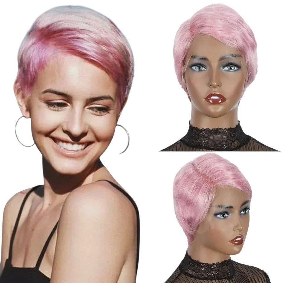 RitzWigs short pink pixie cut human hair wig with lace front on a mannequin and a smiling model