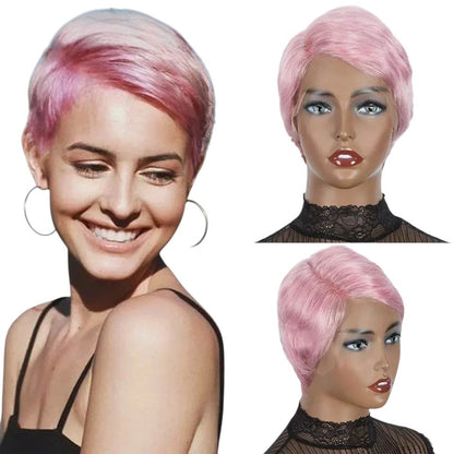 RitzWigs short pink pixie cut human hair wig with lace front on a mannequin and a smiling model