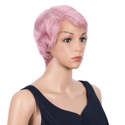 RitzWigs short pink straight pixie cut human hair wig with transparent lace front on a mannequin