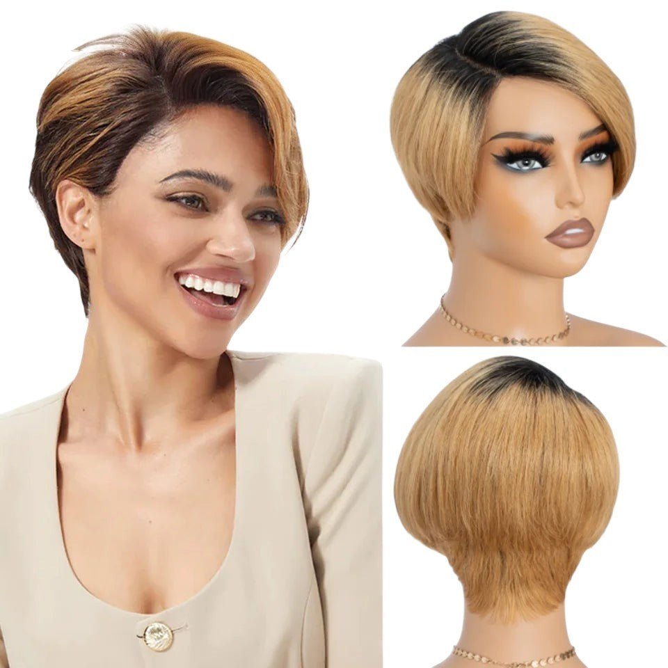 RitzWigs short straight pixie bob human hair wig with dark roots and blonde highlights on a model and mannequin