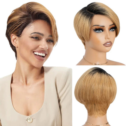 RitzWigs short straight pixie bob human hair wig with dark roots and blonde highlights on a model and mannequin