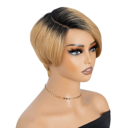 RitzWigs short straight pixie bob human hair wig with dark roots and blonde highlights on a mannequin head