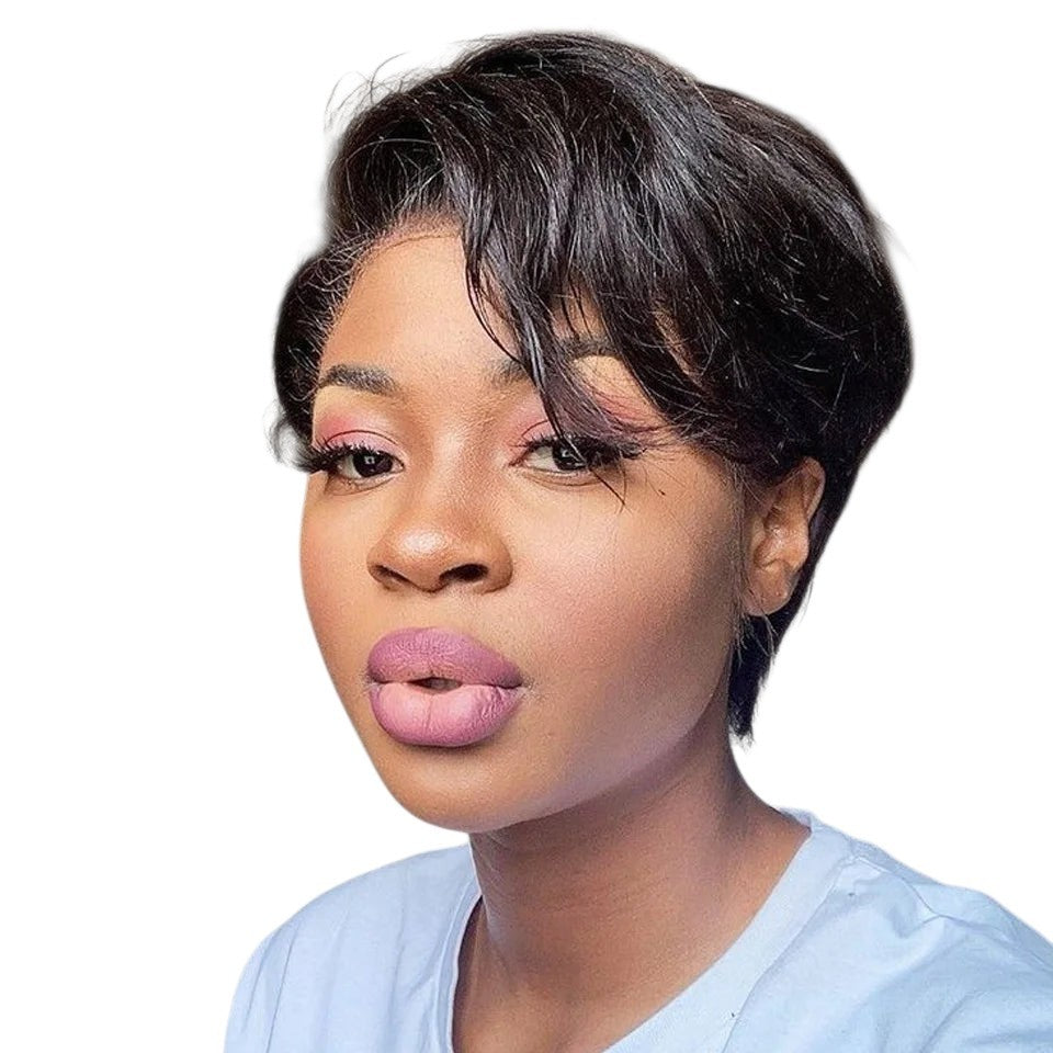 RitzWigs short pixie bob human hair wig with side part and transparent lace front on a model