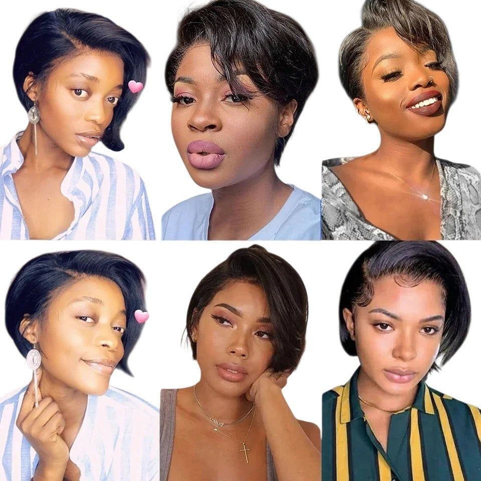 RitzWigs short pixie bob human hair wig with side part and transparent lace front on various models