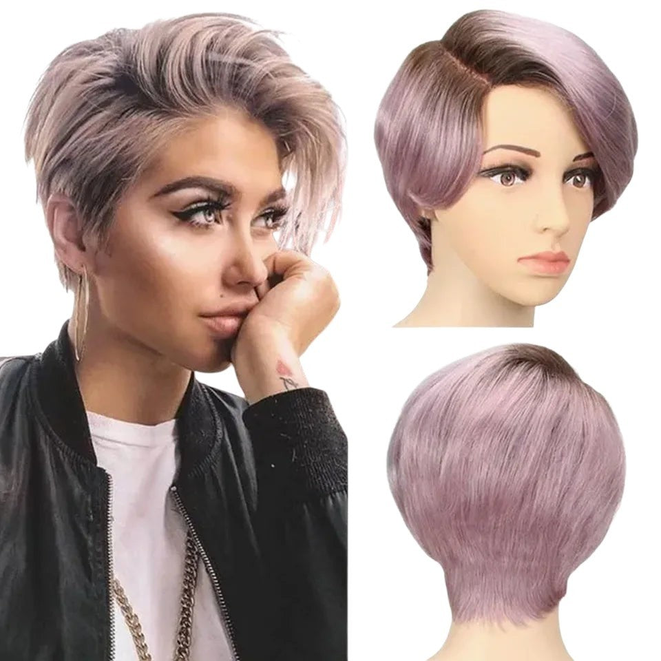 RitzWigs short pixie bob human hair wig with ombre blonde straight style on a mannequin and model