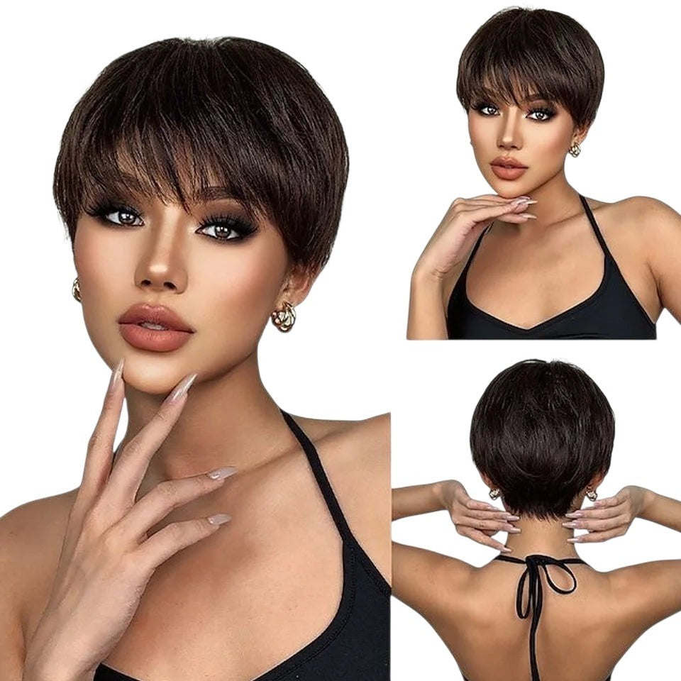 RitzWigs short straight pixie cut human hair wig in natural black with bangs worn by a model