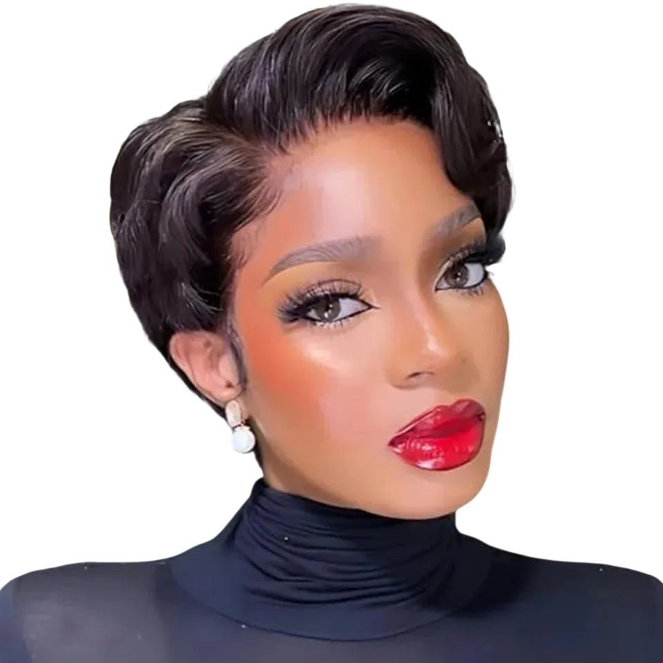 RitzWigs short black pixie cut human hair wig with a side part and natural lace front on a model