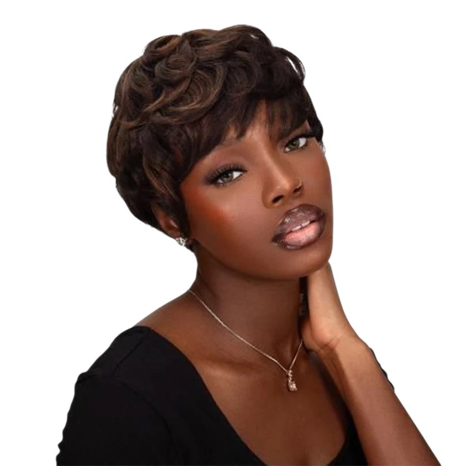 RitzWigs short pixie cut human hair wig in natural dark brown on a model with a stylish layered texture