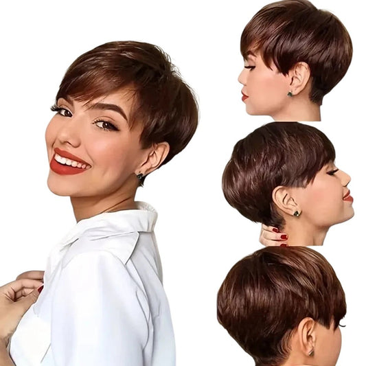 RitzWigs short pixie cut human hair wig with bangs in a natural dark brown shade worn by a smiling woman