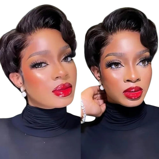 RitzWigs short black pixie cut human hair wig with a side part and natural lace front on a model