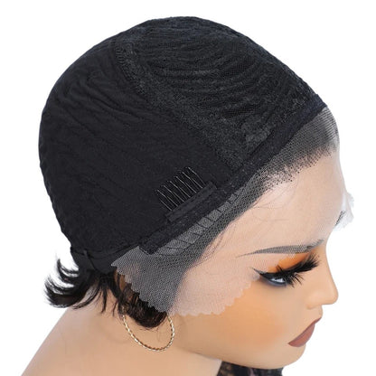 RitzWigs short pixie cut human hair wig with lace front cap construction on a mannequin head