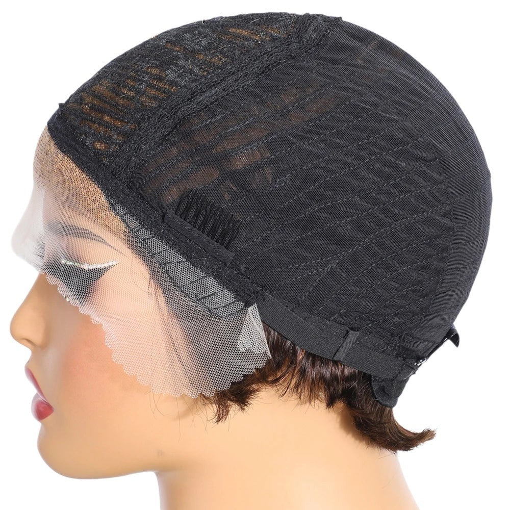 RitzWigs short pixie cut lace front human hair wig on a mannequin head showing the inner cap construction