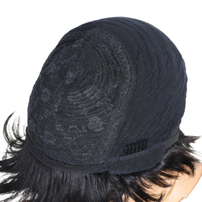 RitzWigs short pixie cut human hair wig interior showing the black breathable machine-made cap construction
