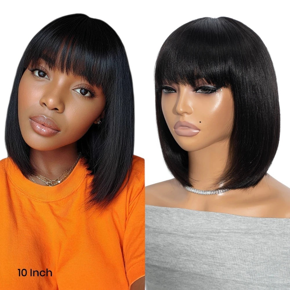 RitzWigs short straight black bob human hair wig with bangs on a model and a mannequin head
