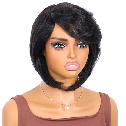 RitzWigs short straight black Brazilian human hair bob wig with side-swept bangs on a mannequin head