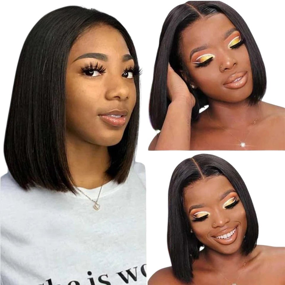 RitzWigs short straight black bob human hair U-part wig worn by a model with natural makeup and elegant style.
