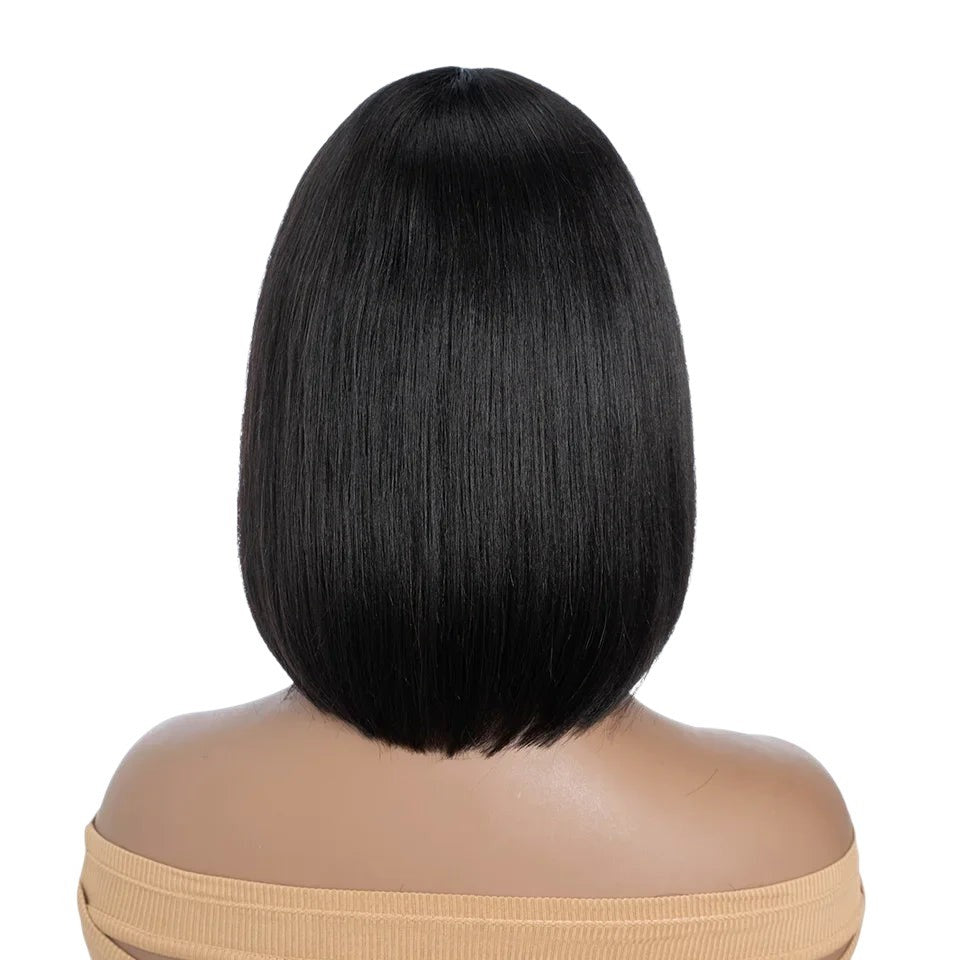 Back view of a RitzWigs short straight black bob human hair wig on a mannequin with bare shoulders