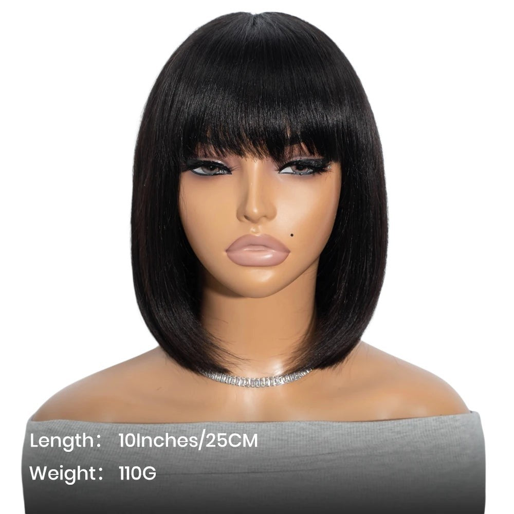 RitzWigs short straight black human hair bob wig with bangs on a mannequin head
