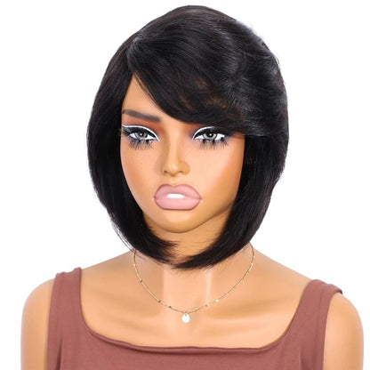 RitzWigs short straight black Brazilian human hair bob wig with side-swept bangs on a mannequin head