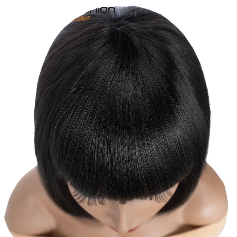 RitzWigs short straight black human hair bob wig with bangs on a mannequin head, top view