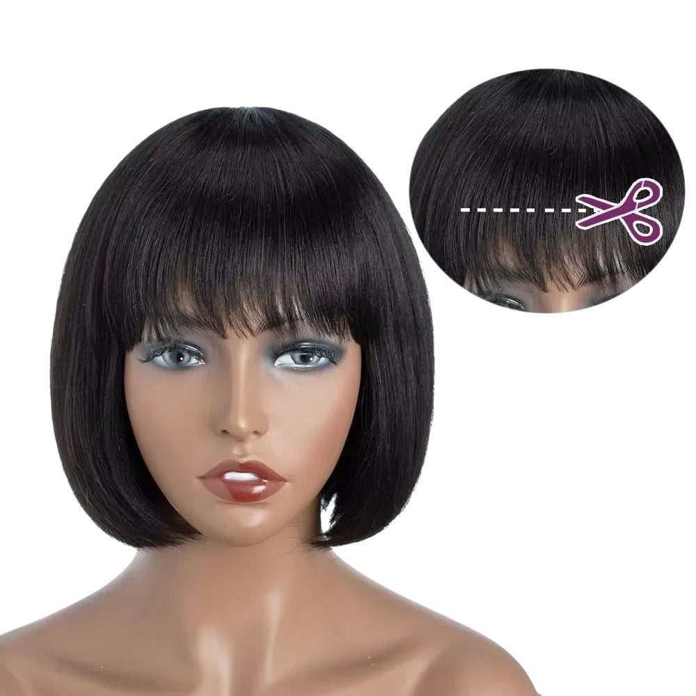 RitzWigs short straight black human hair bob wig with customizable bangs on a mannequin head