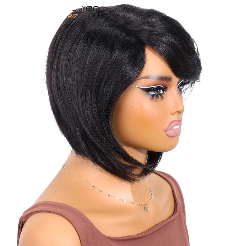 RitzWigs short straight black Brazilian human hair bob wig with side-swept bangs on a mannequin head