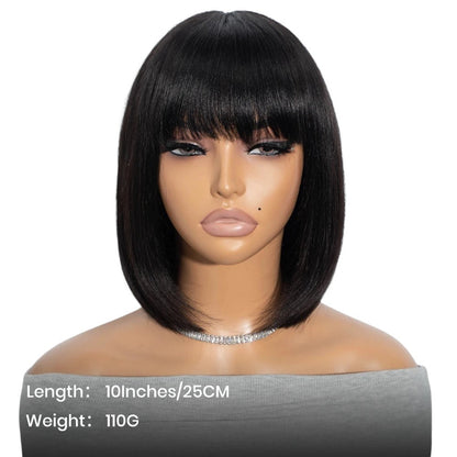 RitzWigs short straight black bob wig with bangs on a mannequin head, 10 inch human hair style.