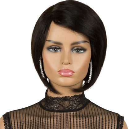 RitzWigs short straight black pixie bob human hair wig on a mannequin with a side part